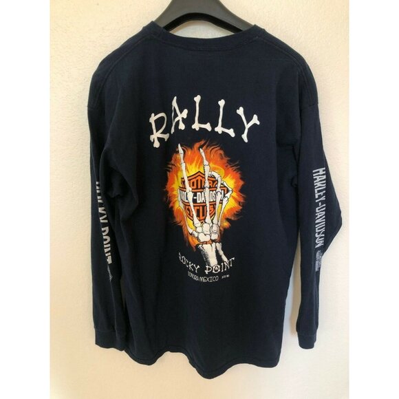 Yazbek Harley Davidson Dark Blue Long Sleeve T Shirt Skeleton Hand Flame Design - Picture 3 of 7